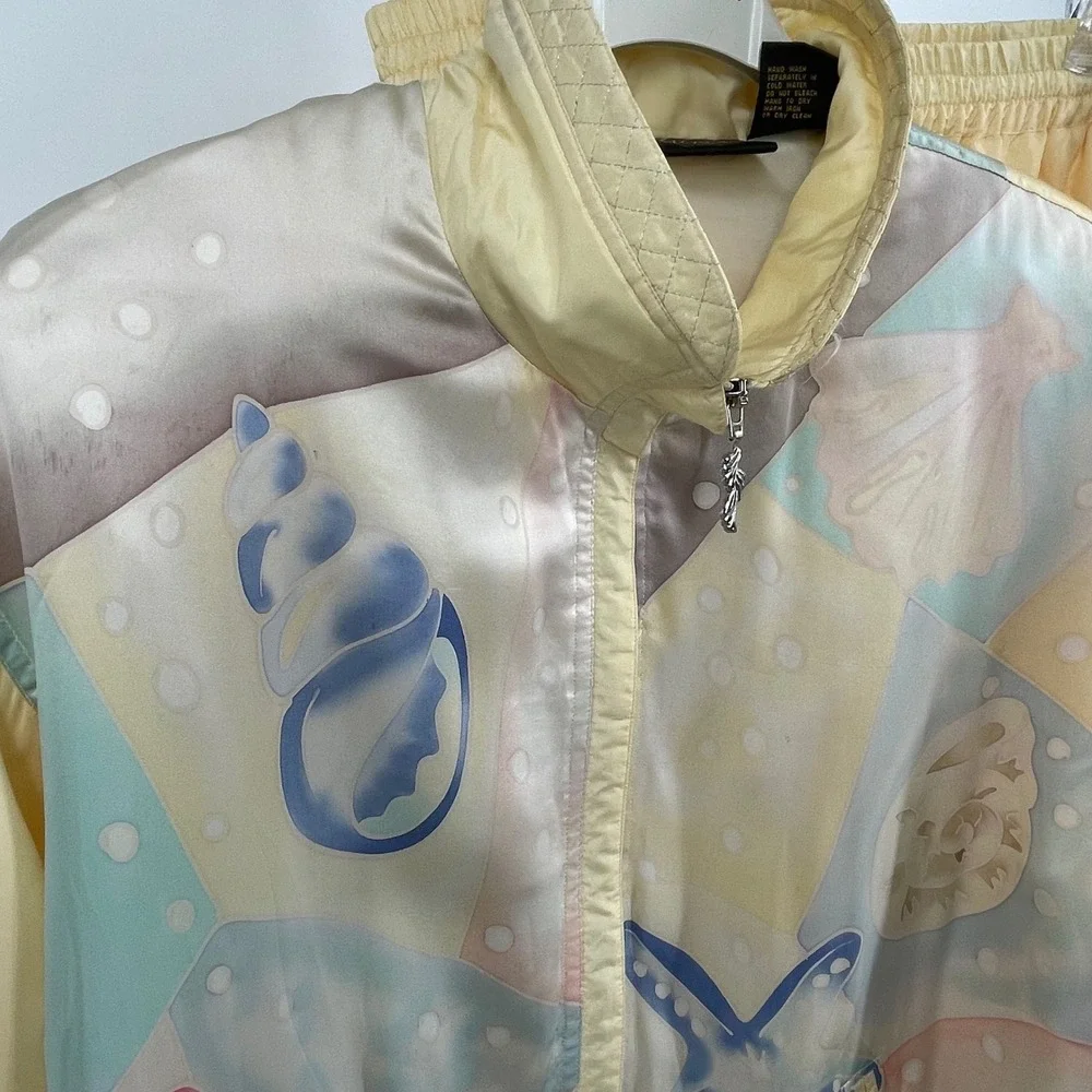 Vintage Mureli Silk‎ Pastel Seashell Print Tracksuit Set Jacket Pants Women's PL
